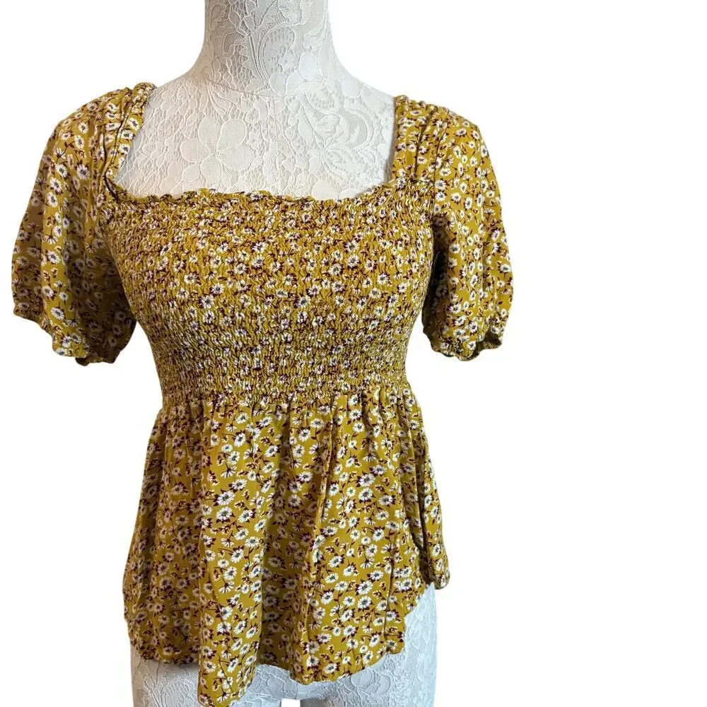 Floral Smocked Milkmaid Peaplum Bell sleeve top Womens XL Cottagecore Fairy Y2k